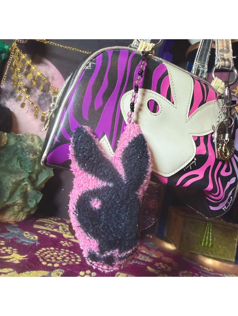 Playboy Bunny Logo Plush Keychain Purse Charm Pink & Black